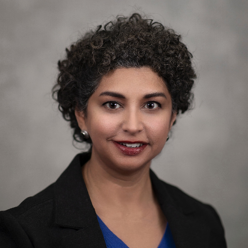 Portrait of Vinita Jethwani, in front of cloudy gray background wearing a black suit jacket and blue shirt.