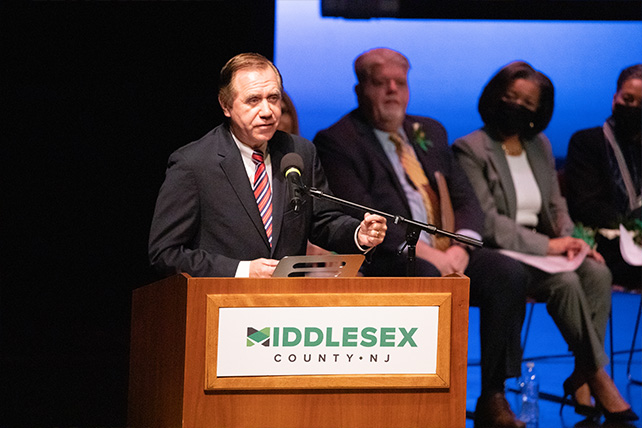 Assembly speaker Craig Coughlin delivers remarks at the Middlesex County Board of County Commissioners’ annual Reorganization Meeting.