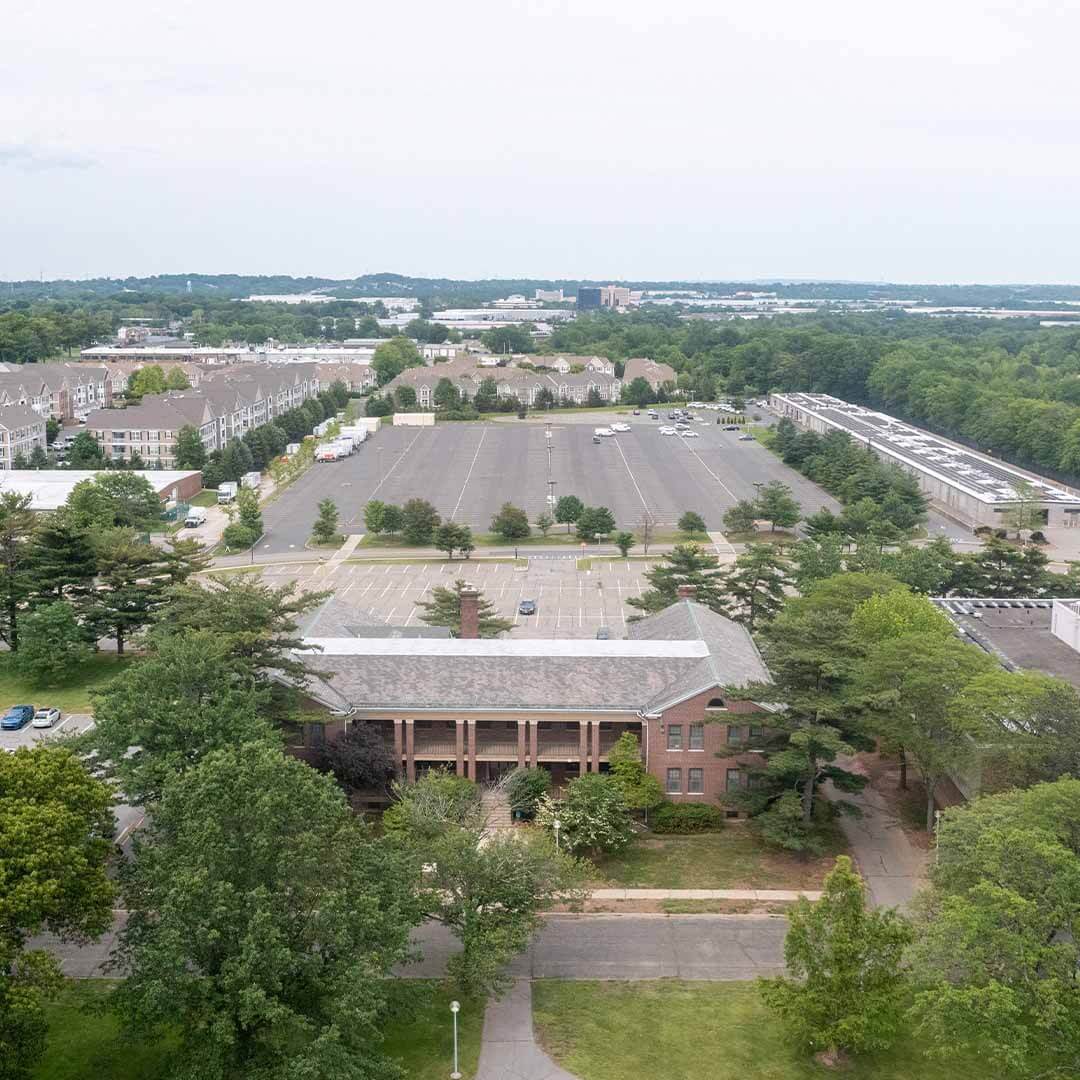 A drone shot of Raritan Hall.