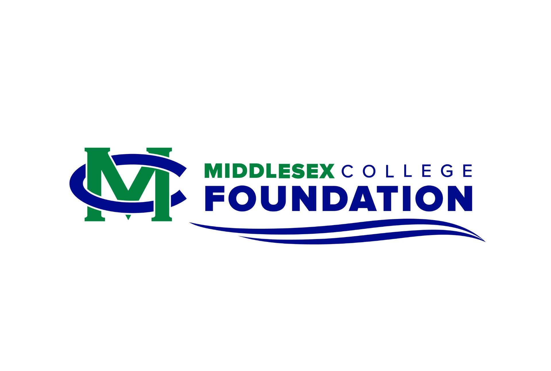 Middlesex College Foundation logo, green 'Middlesex' accompanied by College and Foundation in Blue, with 2 blue waves underlining the text.