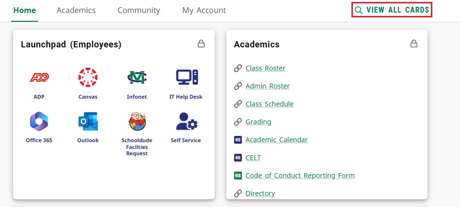 “View All Cards” option displayed above cards