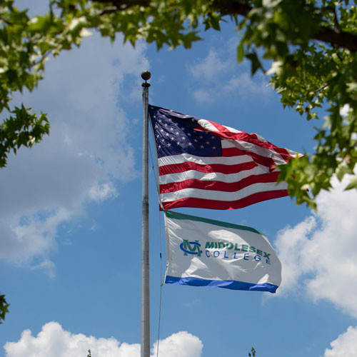 The american flag and college flag visible through the trees.